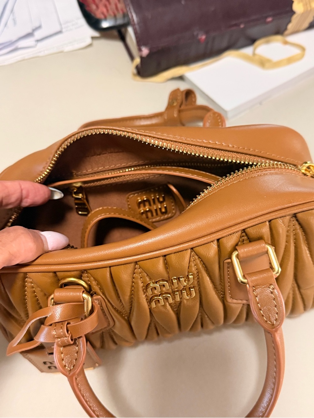 Miu Miu Quilted Matelassé Satchel in Brown with Gold Hardware - Picture 10 of 13